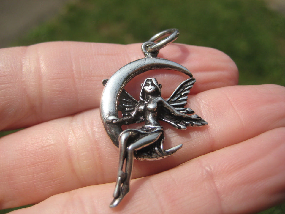 925 Silver Fairy On Moon Pendant Necklace Thailand Jewelry Art A432