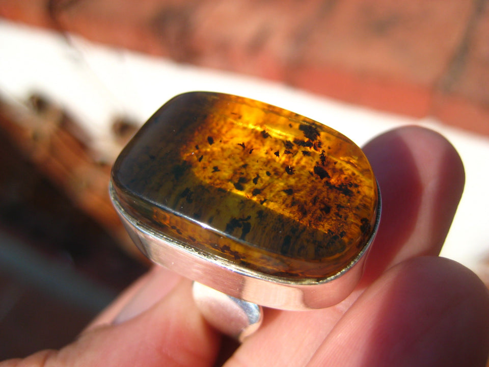 925 Silver Chiapas Amber Ring Taxco Mexico Size 6.5 Adjustable A286