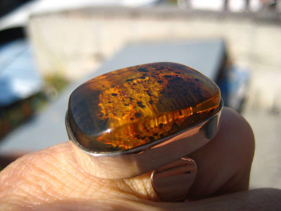 925 Silver Chiapas Amber Ring Taxco Mexico Size 6.5 Adjustable A286