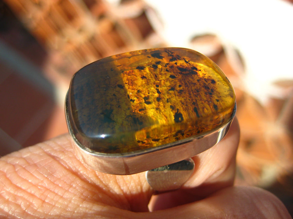 925 Silver Chiapas Amber Ring Taxco Mexico Size 6.5 Adjustable A286