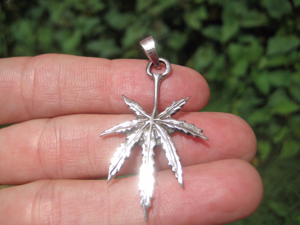 Sterling Silver Marijuana Cannabis Leaf 'HI' Script Pendant – Simple & Polished - View #5