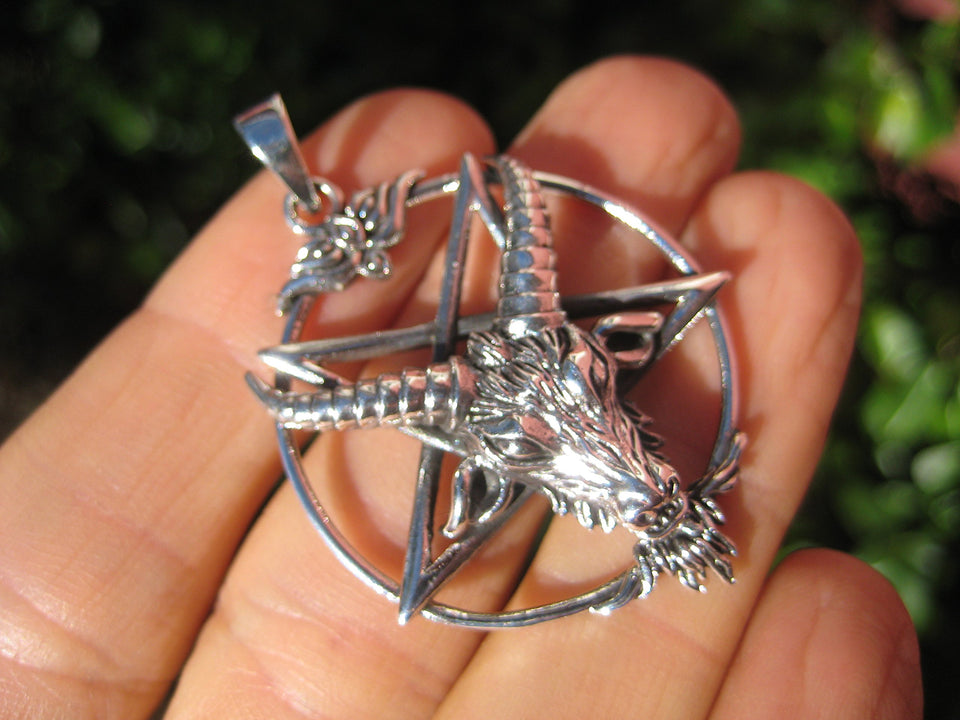 925 Silver Goat Baphomet Inverted Satanic Pentagram Pendant Necklace A14