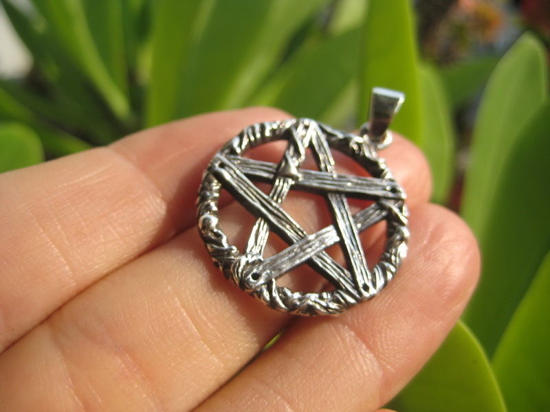 925 Sterling Rough  Silver wicca inverted pentagram pendant necklace