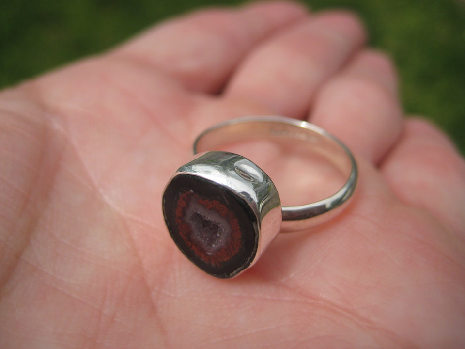 925 Silver Agate Geode Ring Taxco Mexico Size 7.25 US Adjustable A26344