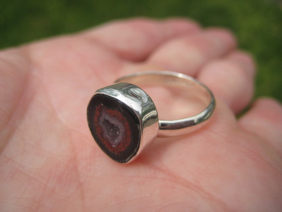 925 Silver Agate Geode Ring Taxco Mexico Size 7.25 US Adjustable A26344