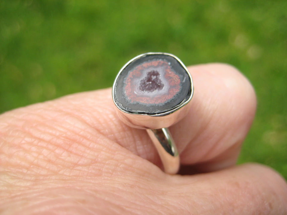 925 Silver Agate Geode Ring Taxco Mexico Size 7.25 US Adjustable A26344