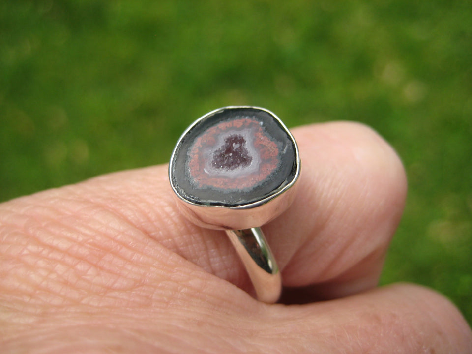 925 Silver Agate Geode Ring Taxco Mexico Size 7.25 US Adjustable A26344