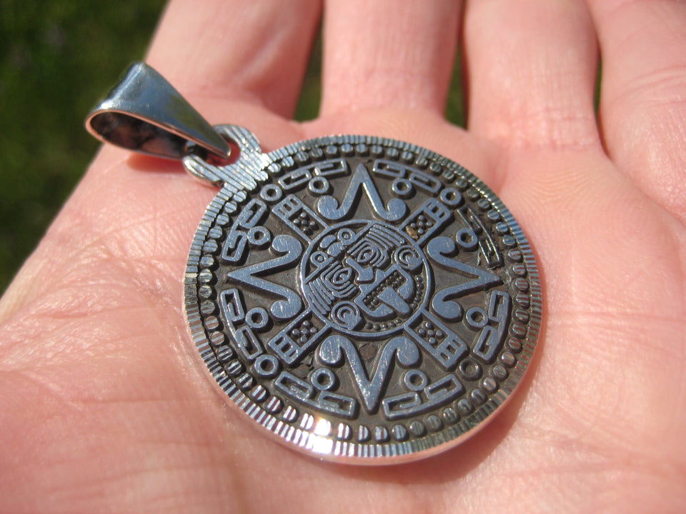 925 Silver Ometeotl Tonatiu Pendant Aztec Sun God Taxco Mexico A8455