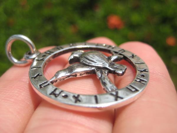925 Sterling Huginn Muninn Raven birds of Odin Viking Germanic Runes Pendant A3
