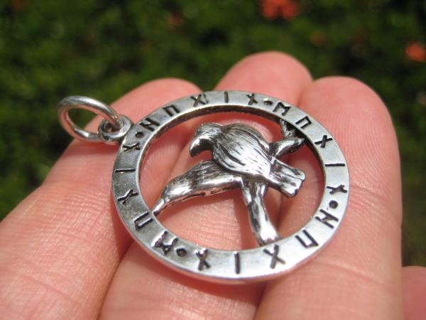 925 Sterling Huginn Muninn Raven birds of Odin Viking Germanic Runes Pendant A3