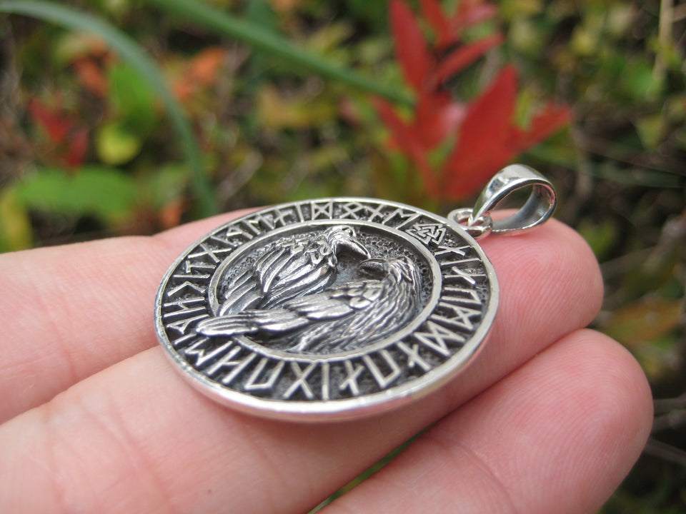 925 Silver Viking Runes Raven Huginn Muninn scouts for Oden A1246