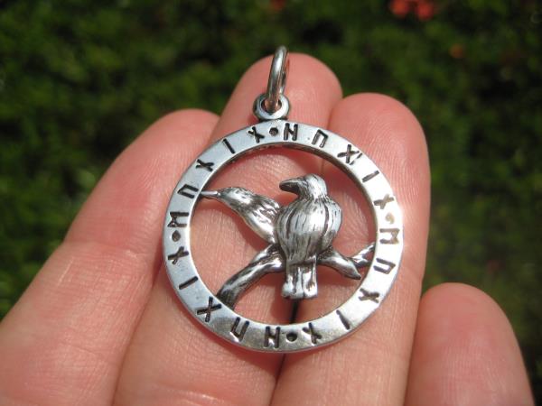 925 Sterling Huginn Muninn Raven birds of Odin Viking Germanic Runes Pendant A3