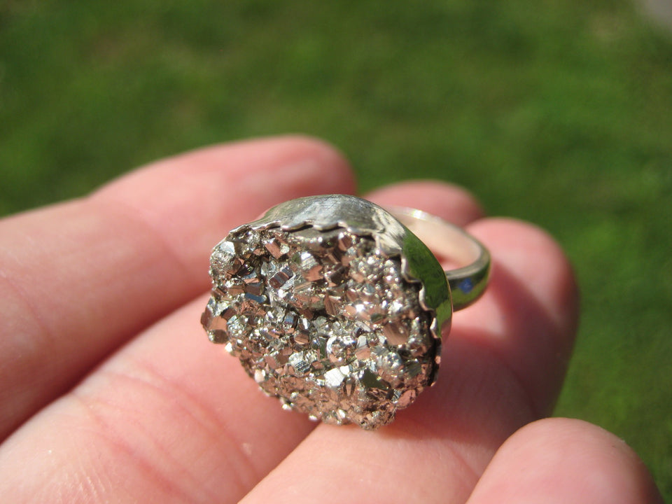 925 Silver Pyrite Crystal Ring Taxco Mexico Size 6.5 US Adjustable A3755