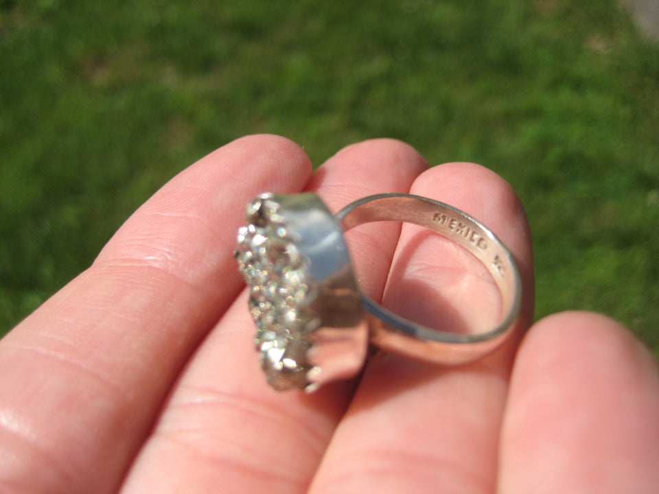 925 Silver Pyrite Crystal Ring Taxco Mexico Size 6.5 US Adjustable A3755