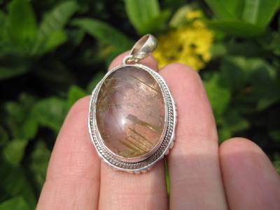 925 Silver Natural  Rutile Quartz Crystal Rock Stone Pendant Necklace Nepal A4