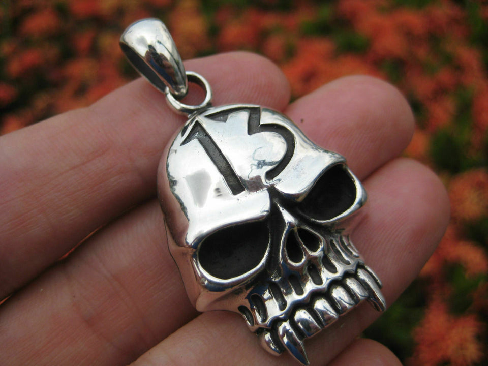925 Sterling Silver Skull Lucky Thirteen pendant necklace jewelry Thailand N2566