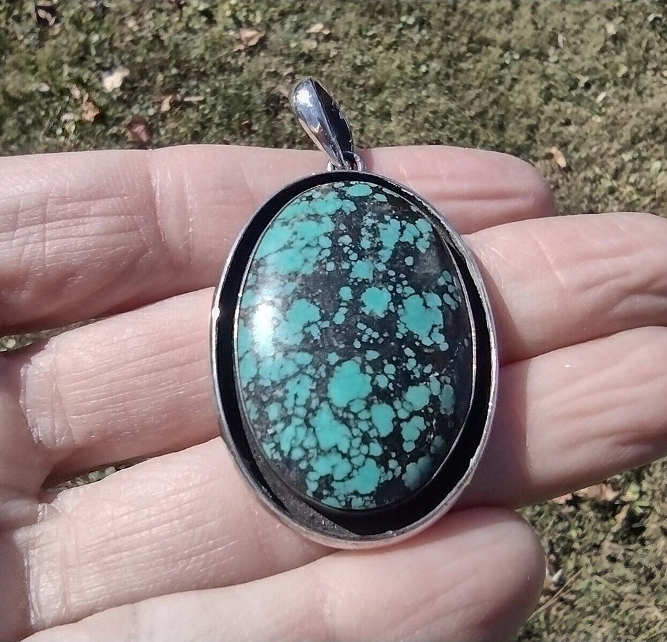 925 Silver Sonora Turquoise Pendant Necklace Jewelry Art Nepal CH578