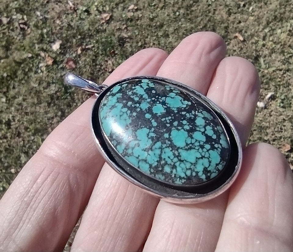 925 Silver Sonora Turquoise Pendant Necklace Jewelry Art Nepal CH578