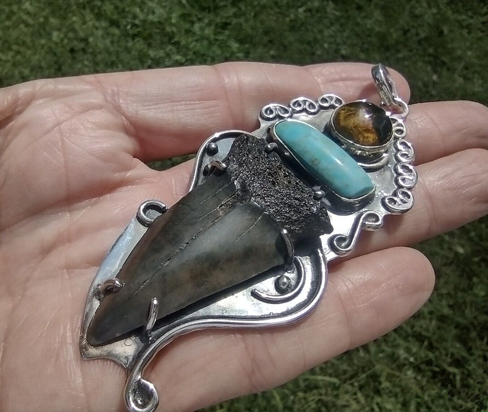 925 Silver Fossil Shark Tooth Pendant Taxco Mexico CH6254