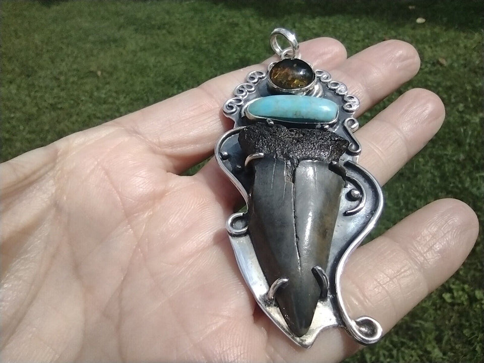 925 Silver Fossil Shark Tooth Pendant Taxco Mexico CH6254
