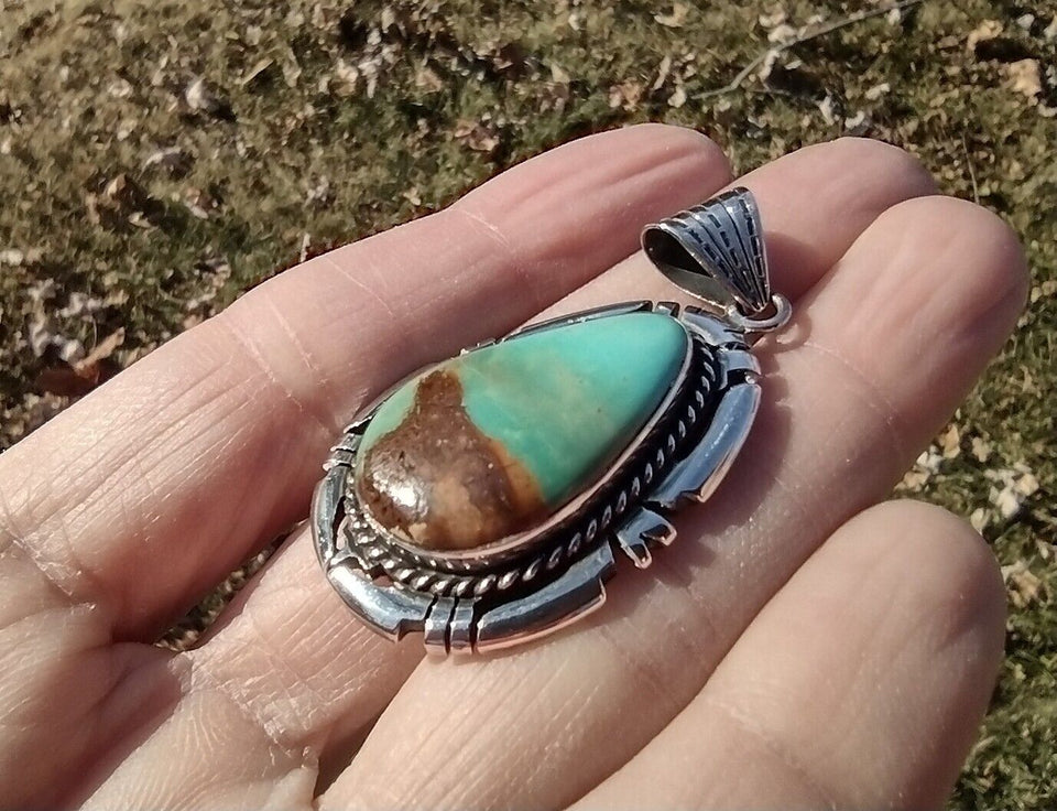 925 Sterling Silver Arizona Turquoise Pendant Necklace Taxco Mexico CH2855