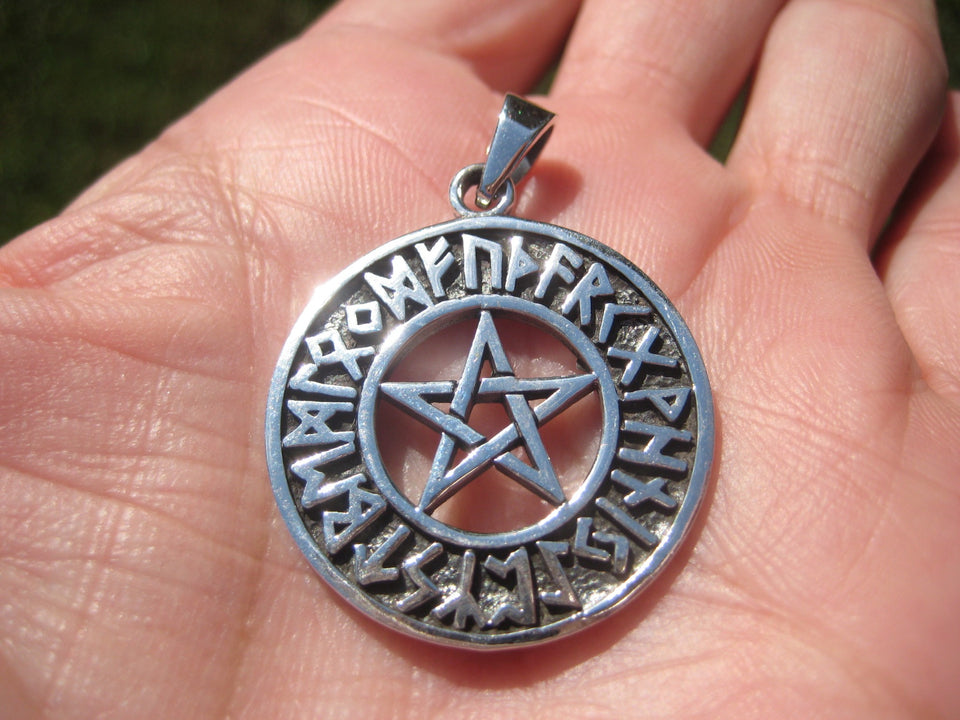 925 Silver Pentagram Pentacle Runes Pendant  A2734
