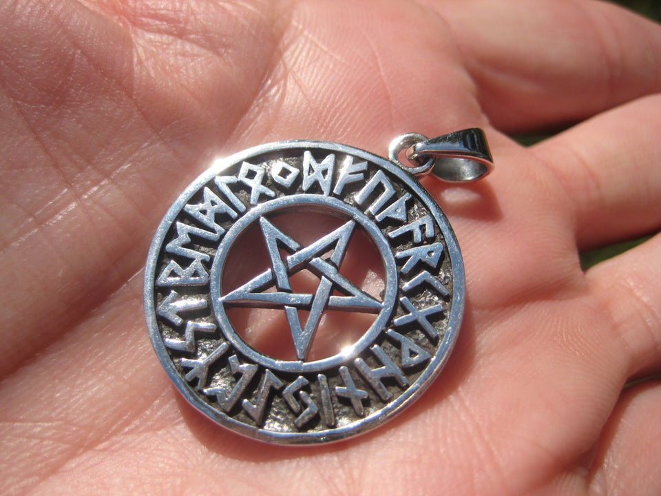 925 Silver Pentagram Pentacle Runes Pendant  A2734