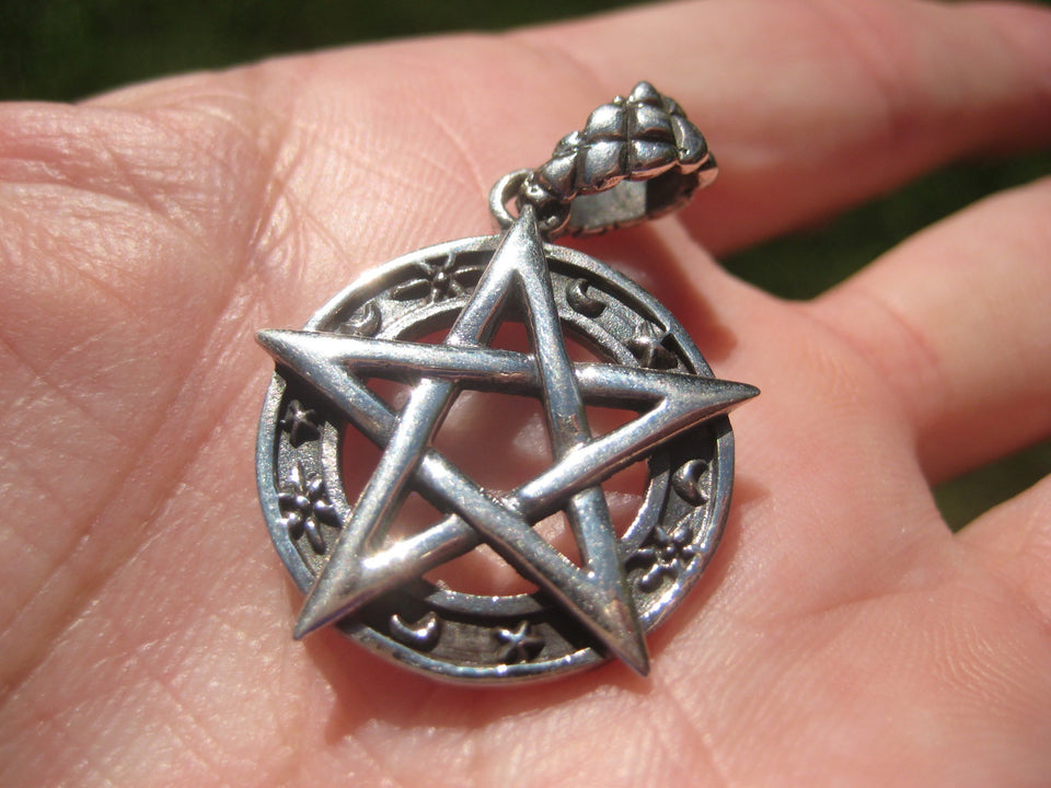 925 Silver Star and Moon Pentagram Pendant A2648