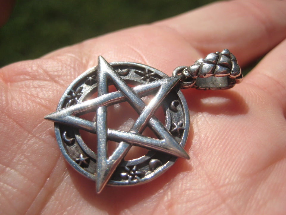 925 Silver Star and Moon Pentagram Pendant A2648