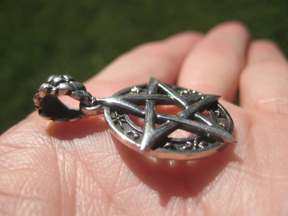 925 Silver Star and Moon Pentagram Pendant A2648