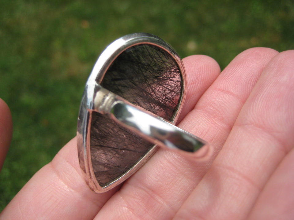 925 Silver Black Rutile Quartz Ring Taxco Mexico Size 8.75 US  A2749