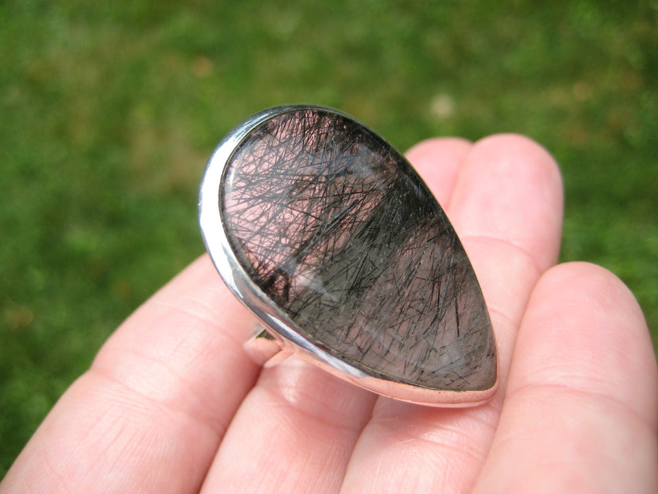 925 Silver Black Rutile Quartz Ring Taxco Mexico Size 8.75 US  A2749