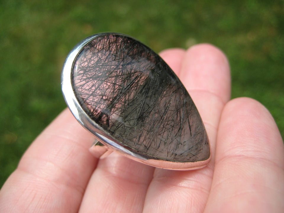 925 Silver Black Rutile Quartz Ring Taxco Mexico Size 8.75 US  A2749
