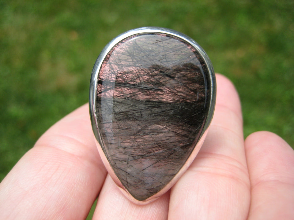 925 Silver Black Rutile Quartz Ring Taxco Mexico Size 8.75 US  A2749