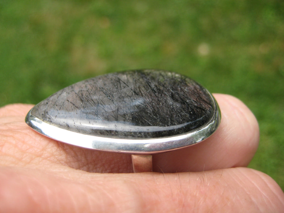 925 Silver Black Rutile Quartz Ring Taxco Mexico Size 8.75 US  A2749