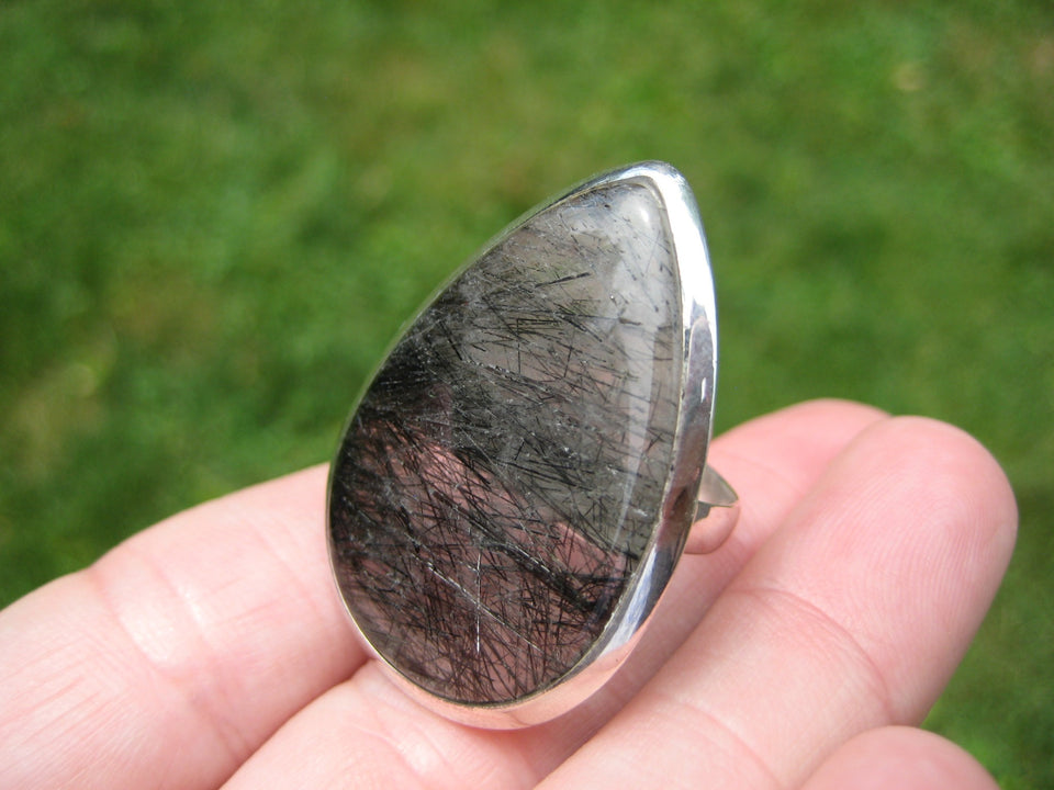 925 Silver Black Rutile Quartz Ring Taxco Mexico Size 8.75 US  A2749