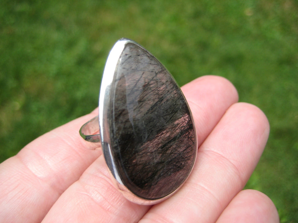 925 Silver Black Rutile Quartz Ring Taxco Mexico Size 8.75 US  A2749