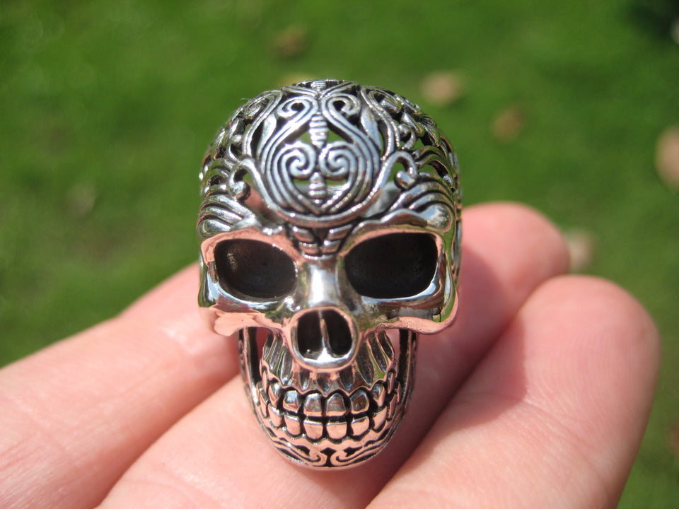 925 Silver Filigree Skull Ring jewelry Art Thailand A16