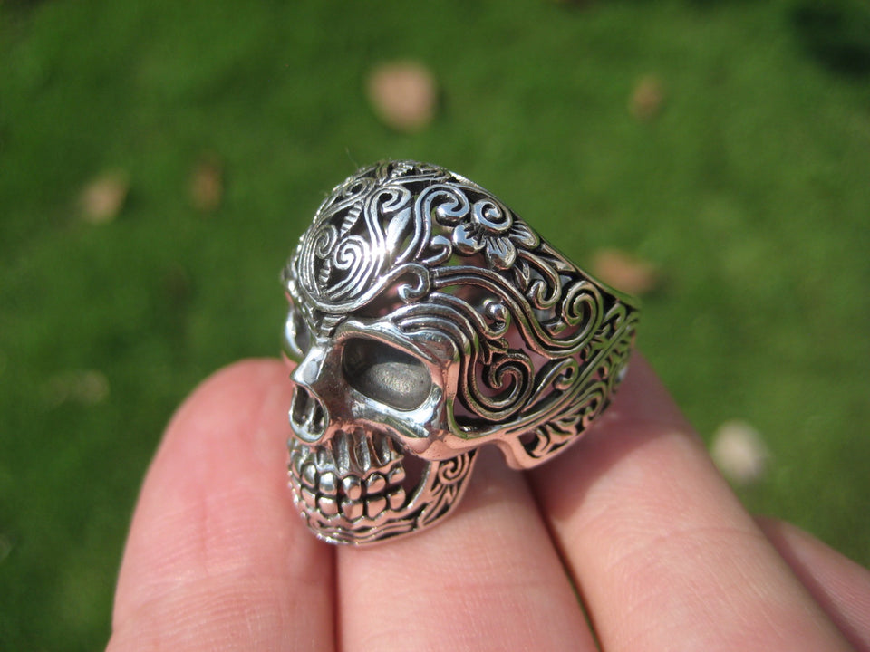 925 Silver Filigree Skull Ring jewelry Art Thailand A16