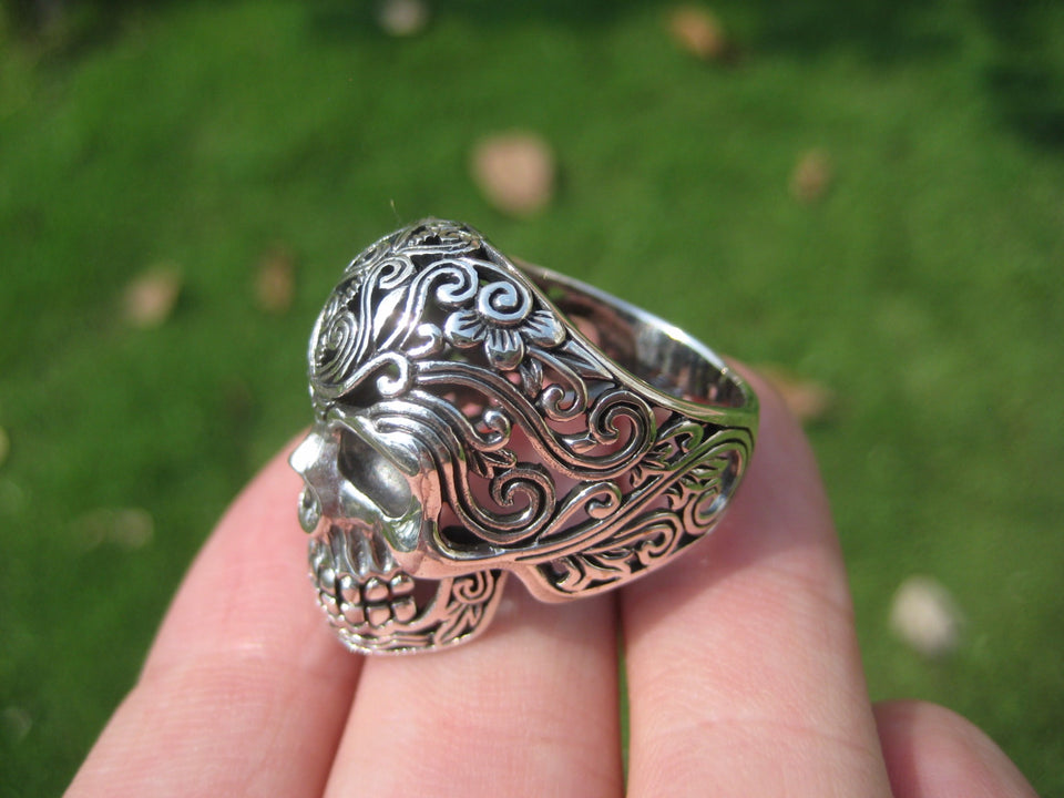 925 Silver Filigree Skull Ring jewelry Art Thailand A16