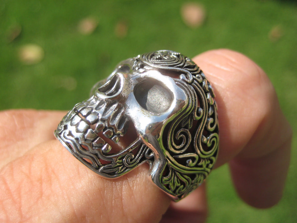 925 Silver Filigree Skull Ring jewelry Art Thailand A16