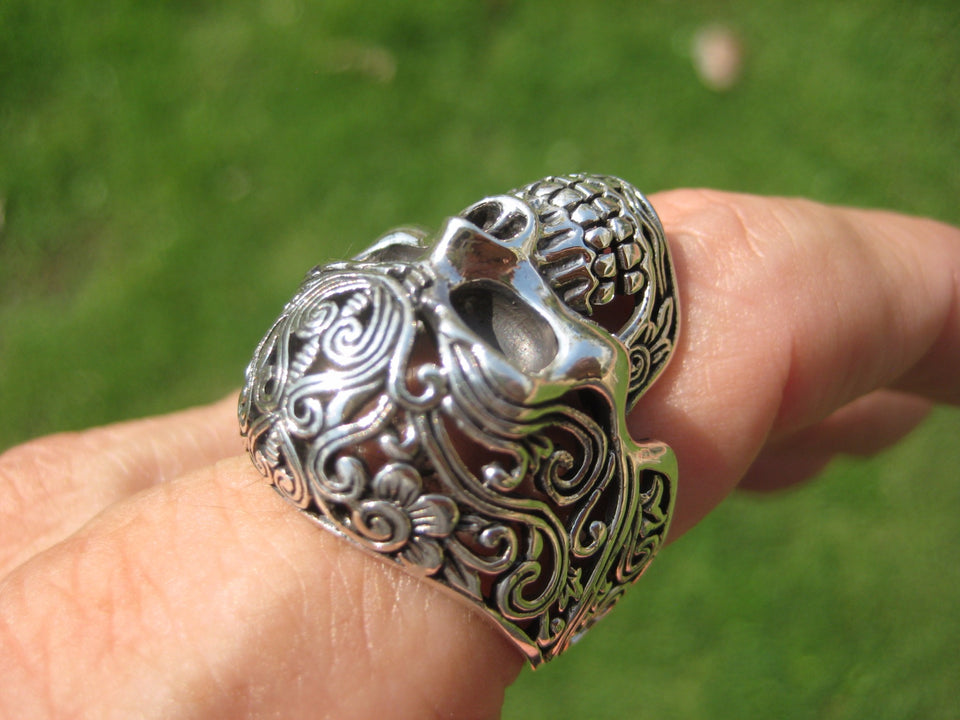 925 Silver Filigree Skull Ring jewelry Art Thailand A16