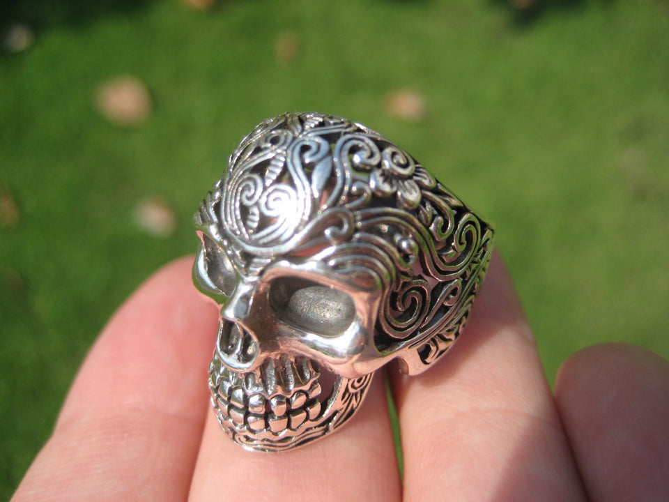 925 Silver Filigree Skull Ring jewelry Art Thailand A16