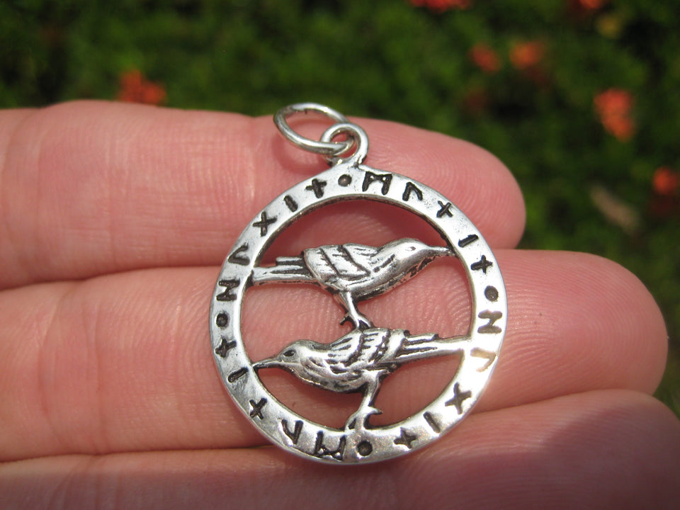 925 Sterling Huginn Muninn Raven birds of Odin Viking Germanic Runes Pendant A4