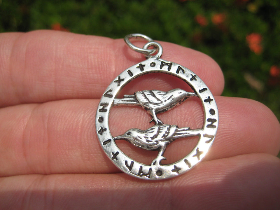 925 Sterling Huginn Muninn Raven birds of Odin Viking Germanic Runes Pendant A4