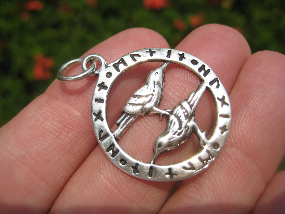 925 Sterling Huginn Muninn Raven birds of Odin Viking Germanic Runes Pendant A4