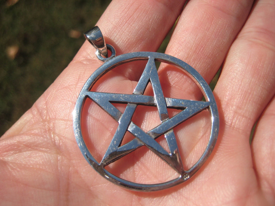 Extra Large 925 Sterling Silver Wicca Inverted Pentagram Pendant A2633
