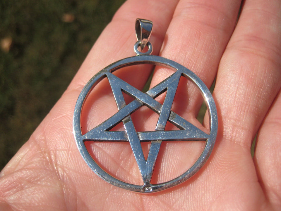 Extra Large 925 Sterling Silver Wicca Inverted Pentagram Pendant A2633