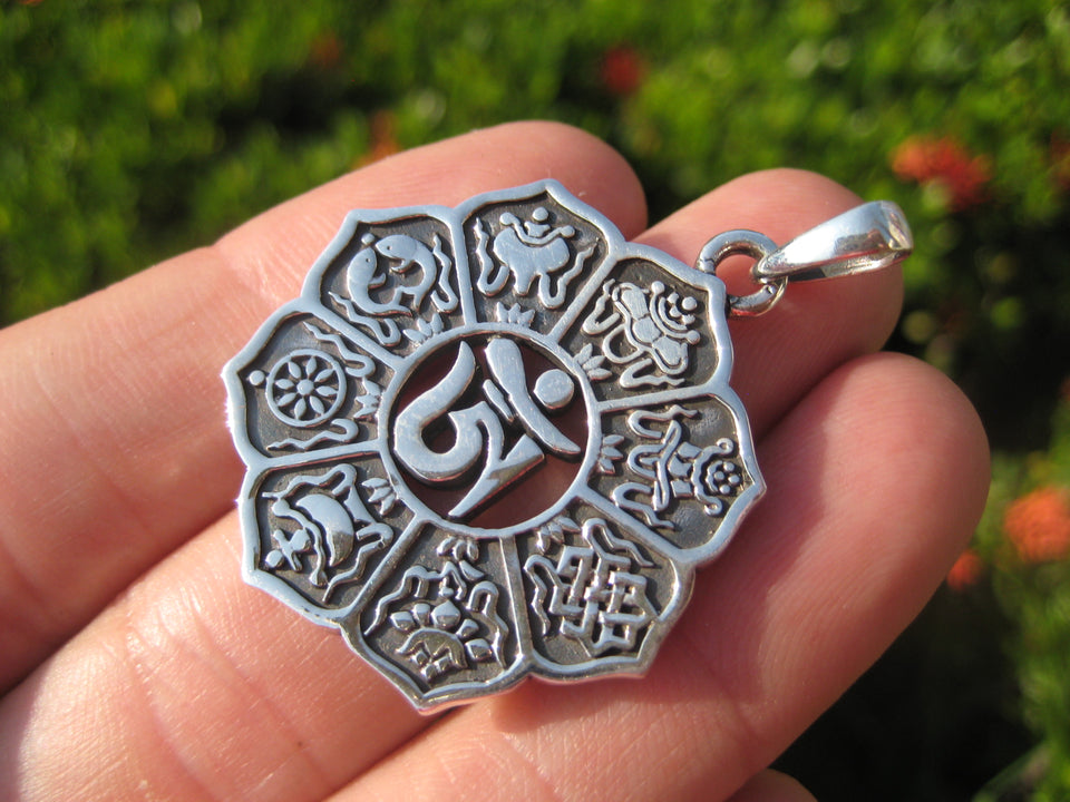 925 Silver Ohm Nine Spiritual Symbols Pendant Necklace Buddhist Jewelry Art A10