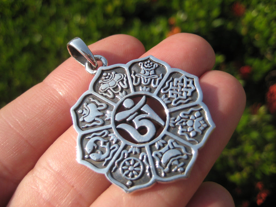 925 Silver Ohm Nine Spiritual Symbols Pendant Necklace Buddhist Jewelry Art A10